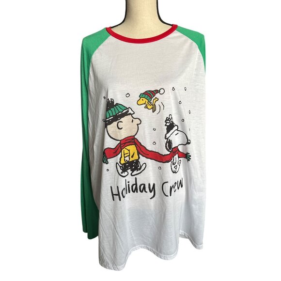 Peanuts Holiday Crew Long-Sleeve Tee Raglan Green White Snoopy Charlie Brown XL - Picture 1 of 4